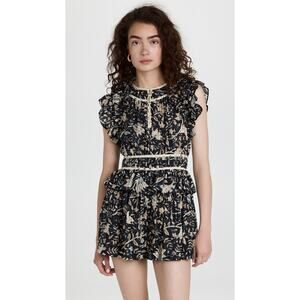 Ulla Johnson Endah Romper‎ Navy Blue Ivory Floral Sz 16 Ruffles Lightweight Chic